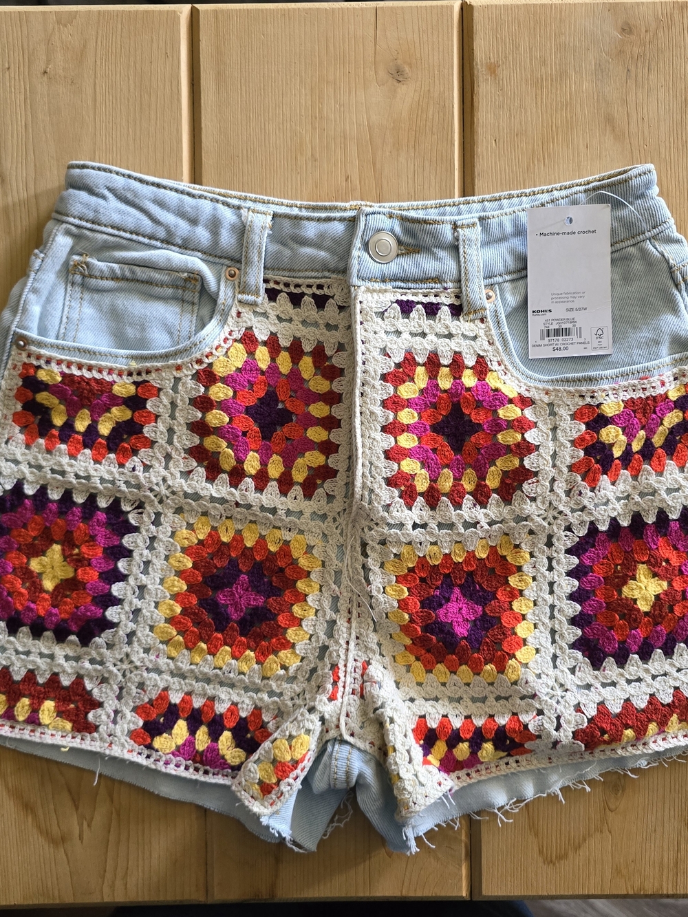 SO Light Wash Denim Shorts with Multicolor Crochet Squares(b)